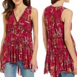 Free People Red Floral Sleeveless V-Neck Tunic